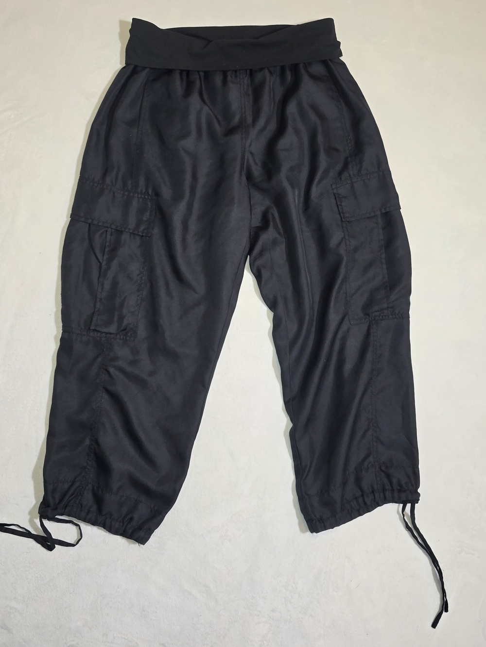 Pure DKNY Black 100% Silk Cargo Capri Crop Pants with Knit Waist Size Petite P